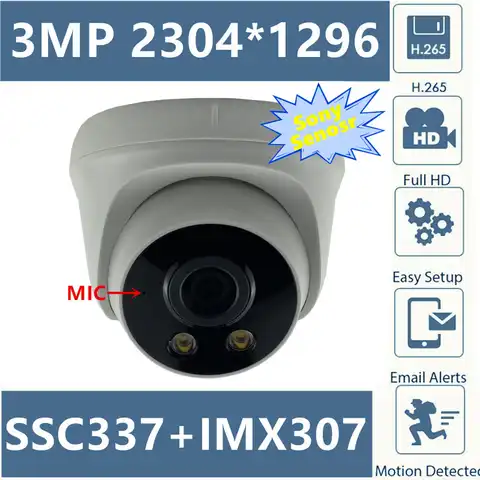 Купольная IP-камера MStar SSC337 + Sony IMX307 с предупредительным светом, 3MP 2304*1296 25FPS H.265 Встроенный микрофон, аудио Onvif радиатор для помещений всех цвет...
