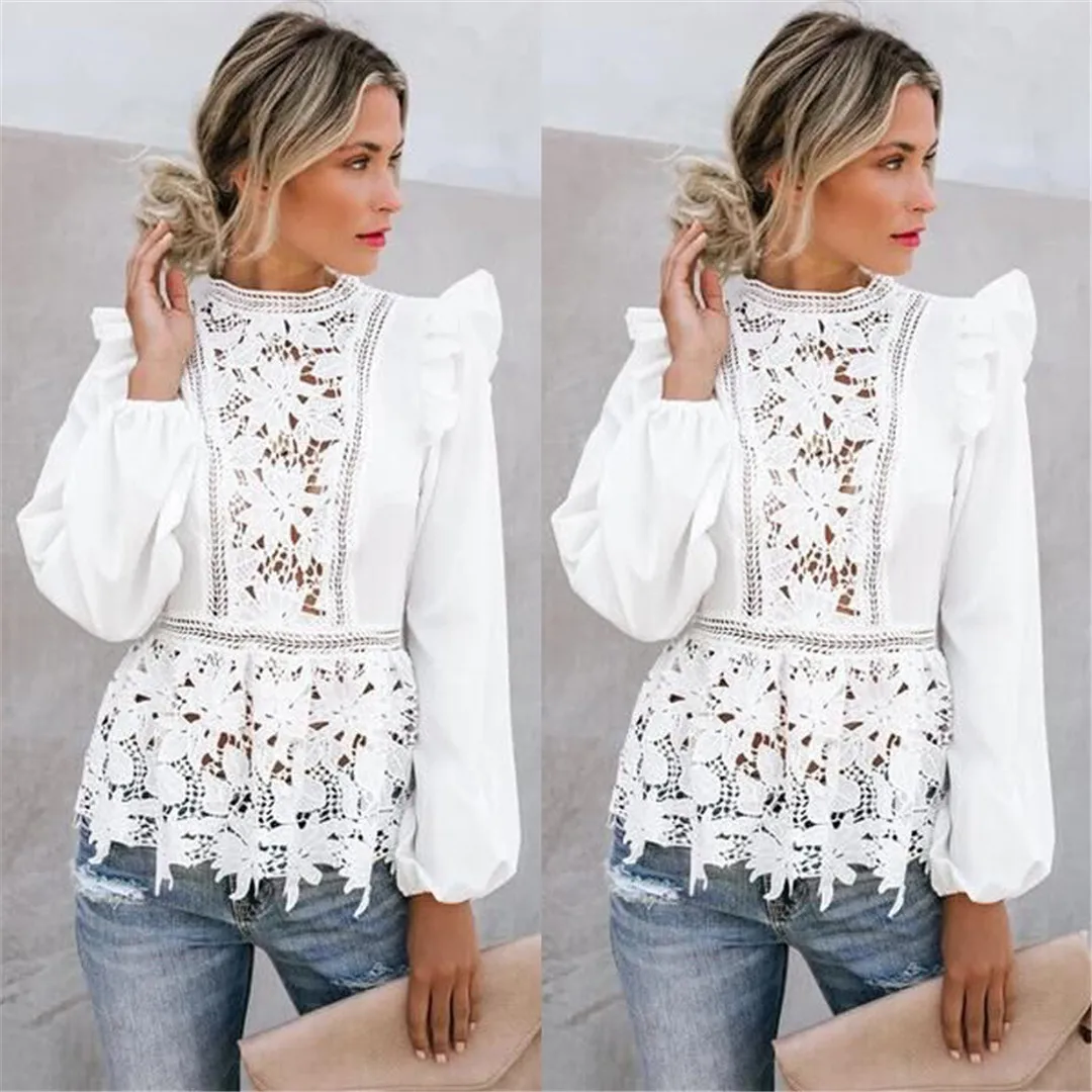 

Newest Arrivals Women Lace Hollow Blouses Ruffles Fly Sleeve O-Neck Flowers White Shirts Lace Patchwork Shirts Tops Outfits