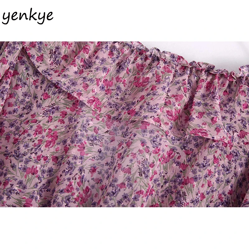 

Fashion Women Floral Print Ruffle Crop Top Sexy V Neck Long Sleeve Hem Elastic Fashion Chiffon Blouse Autumn Tops blusas mujer