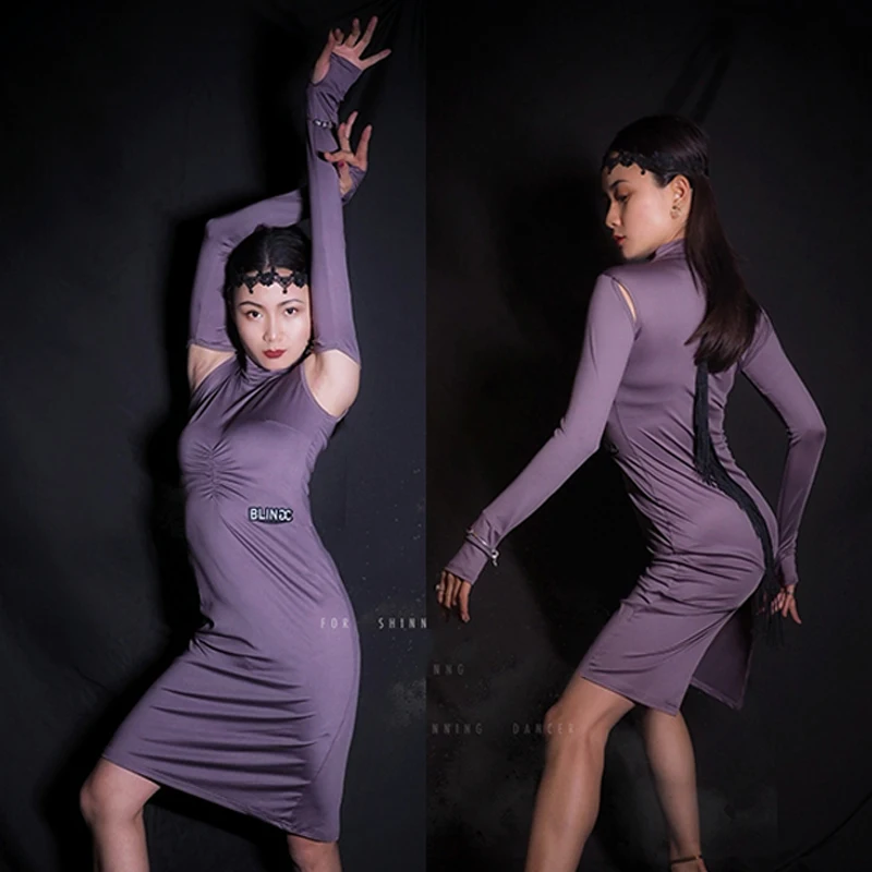 Женское платье для латиноамериканских танцев фиолетовое элегантное облегающее