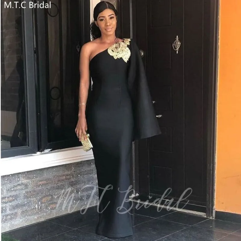 

Black One Shoulder Prom Dresses Long Sleeve Mermaid Satin Arabic Formal Dress Plus Size Women Wedding Party Gowns Robe De Soiree