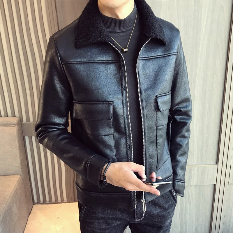 Новинка 2019 осенне зимняя кожаная приталенная куртка с меховым воротником в