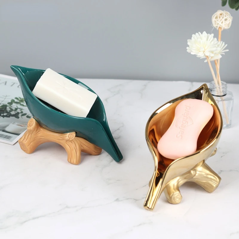 

Golden Ceramic Soap Dish Holder Creativity Leaves Decorative Soaps Dish Household Restroom Storage Shelf Bathroom Decoration