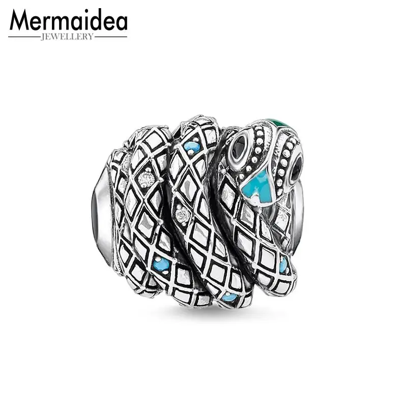 Очаровательные бусы этнические синие змеиные посеребренные циркониевые Бусины