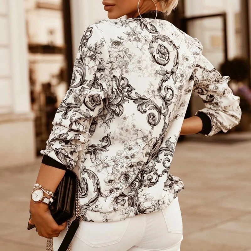 

Vintage Autumn Ladies Jacket Flower Print Women Fashion Zipper Up Long Sleeve Casual Coat Slim Basic Bomber Jackets