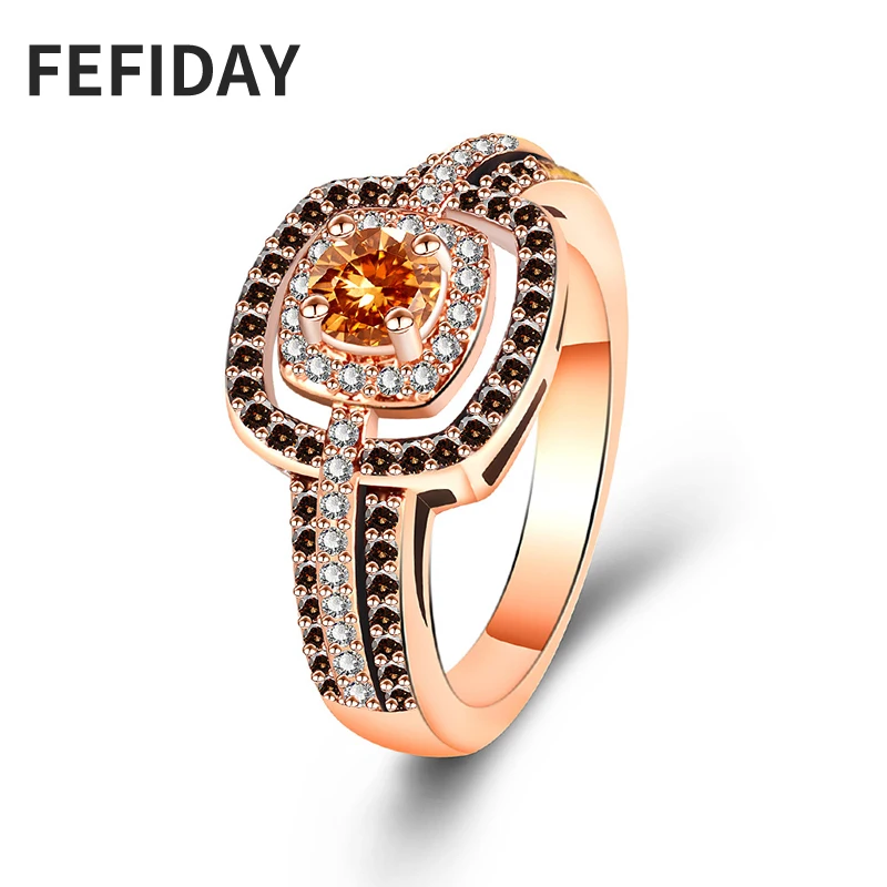 Женское кольцо с кристаллами FEFIDAY обручальное большим розовым золотом и черным