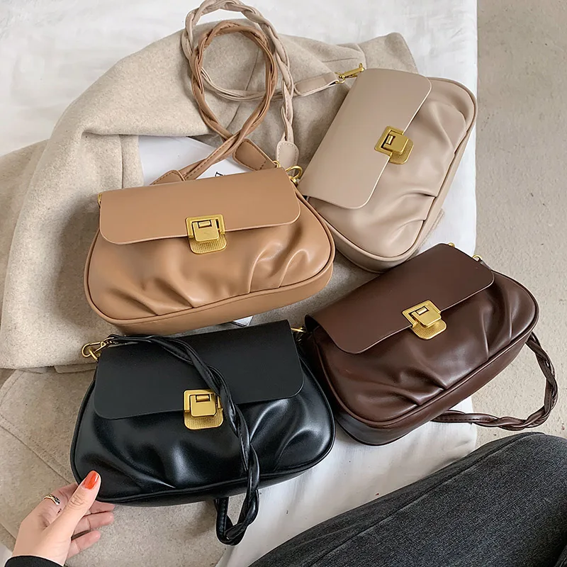 

Folds Design 2021 Winter Shoulder Bags Soft PU Leather Fashion Handbags Small Zipper Crossbody Bags Hand Purse Travel Trending