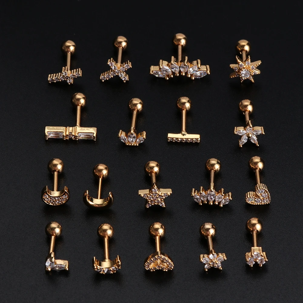 

New Fashion Argentate And Gold Color CZ Stud Piercing Moon Star Cartilage Earring And Stud Helix Cartilage Piercing Jewelry Gift
