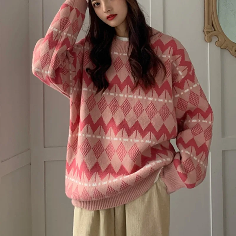 

Женский свитер с винтажным принтом, милый плотный теплый пуловер с круглым вырезом, свободная вязаная одежда для ленивых женщин на осень и в...