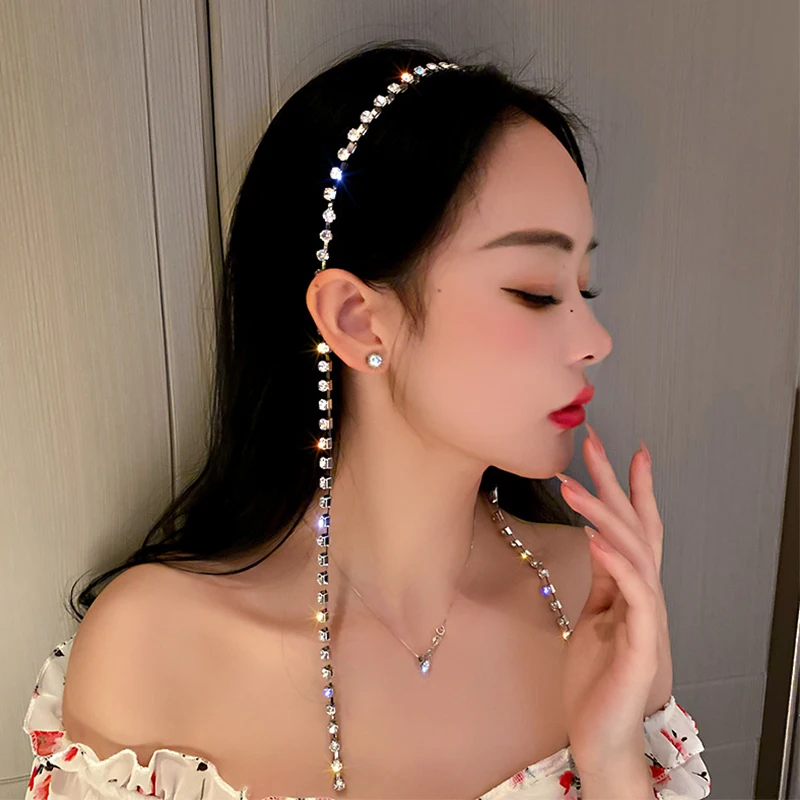 

Elegant Colorful One Row Long Rhinestone Hair Chain Jewelry Headband for Women Bling Crystal Tassel Hair Hoop Hairband Headwear