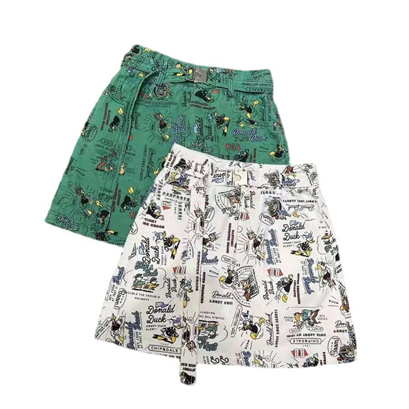 

High-Waisted Skirt Ladies Patchwork Cartoon Mini Skirts Female Casual Sashes Harajuku Korean Fashion Skirts Women's 2021