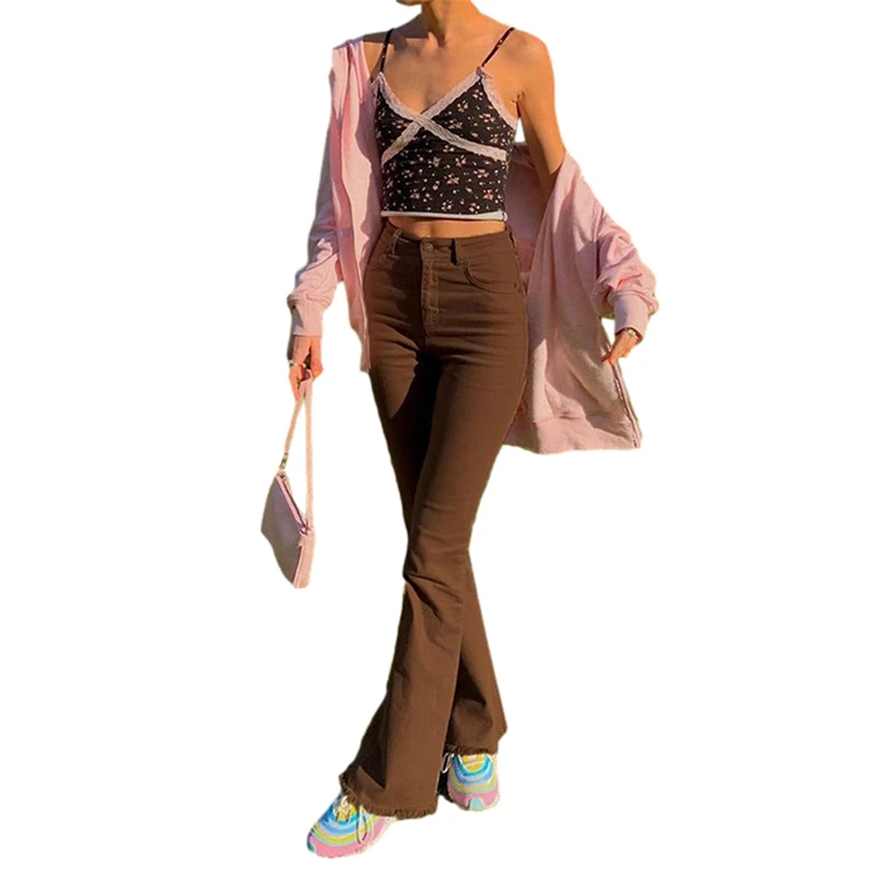 

2021 Vintage Baggy Solid Color Women Streetwear LooseHigh Waisted Stretch Flared Pants Harajuku Fashion Cotton Denim Sweatpants
