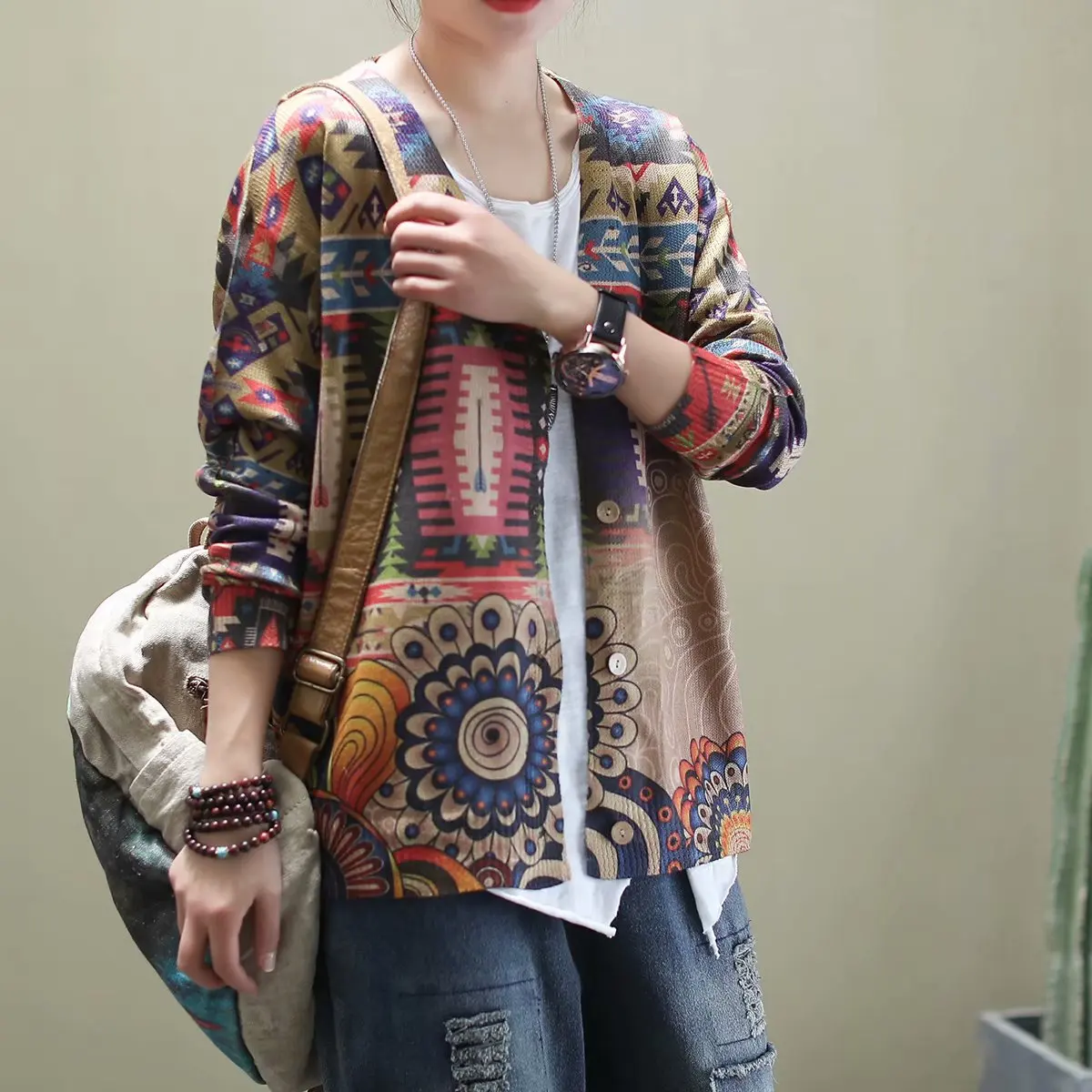 2020 Spring Autumn Sweater Women Retro Loose Cardigan All-match Tops New V-Neck Print Knitting Casual Coat |