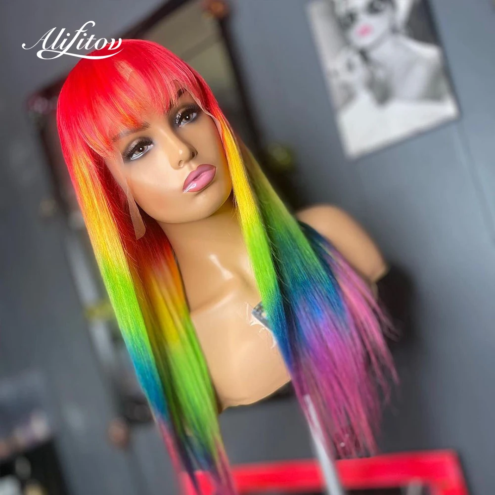 

ALIFITOV Rainbow Red Yellow Green Colored Human Hair Wigs Pre Plucked Straight Lace Front Wig with Bangs Transparent Lace Wigs