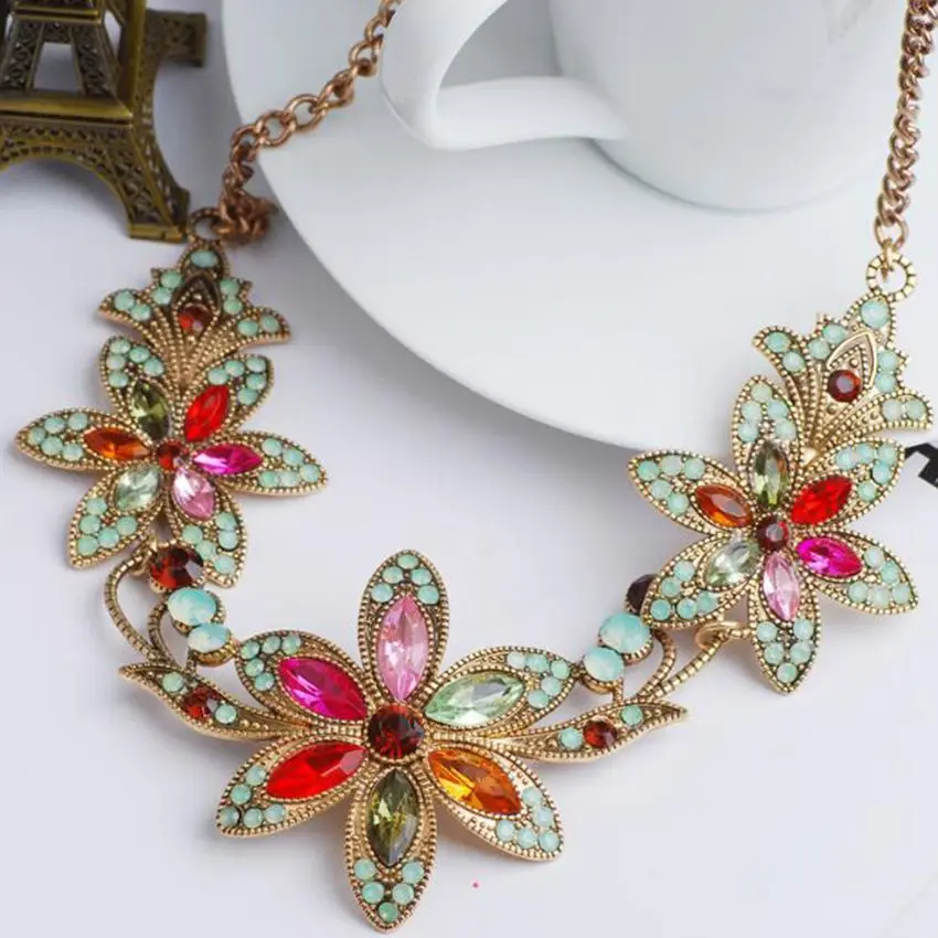 DiLiCa Elegant Flower Statement Necklace for Women Vintage Rhinestone Maxi Necklaces &amp Pendants Bib Jewelry | Украшения и