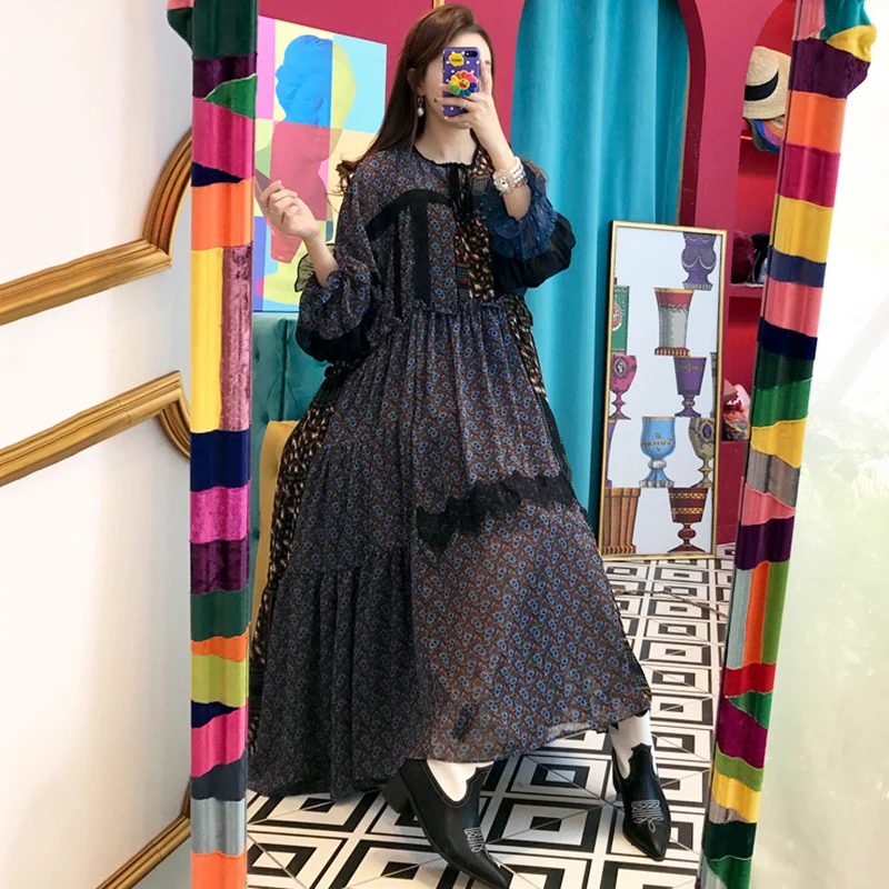 [EWQ] Весна 2020 новинка пуловер с длинными рукавами и круглым вырезом женское платье