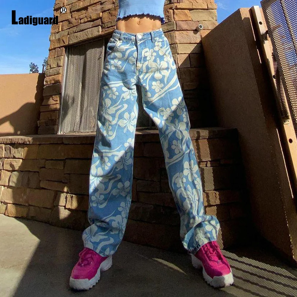 

Women Staight Leg Demin Pants Sexy Jeans High Cut Demin Pants Harajuku 2022 Spring New Flower Print Trouser Girls Streetwear