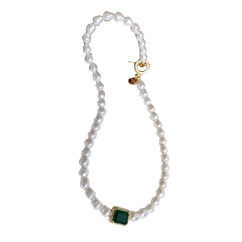 

Ожерелье женское короткое с искусственным жемчугом, модное Ювелирное Украшение в стиле ретро с геометрическим квадратом и зеленым стеклом ...