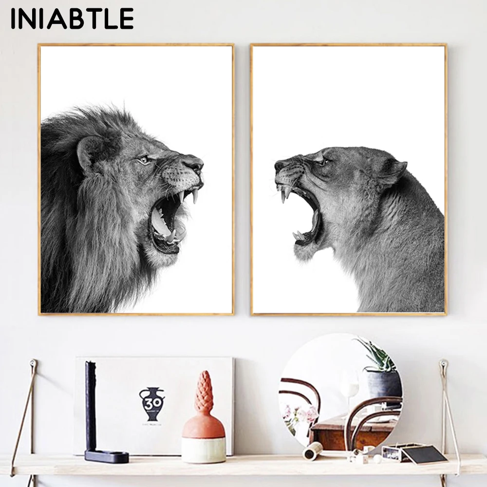 

Lion And Lioness Canvas Poster Black White Woodlands Animal Wall Art Print Painting Nursery Picture For Living Room Home Decor