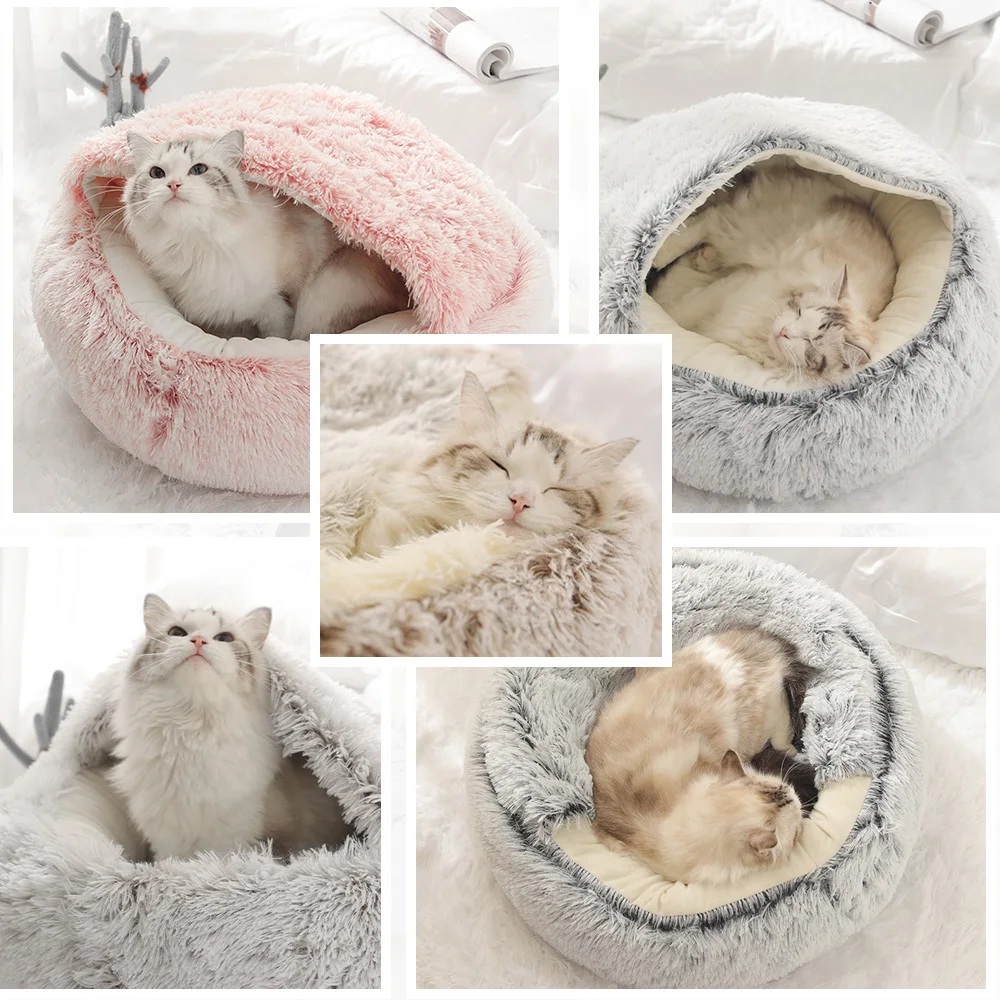 

Кровать для домашних животных, собак, кошек, зимняя теплая спальная кровать, противоскользящее дно, принадлежности для кошек, круглая мягка...