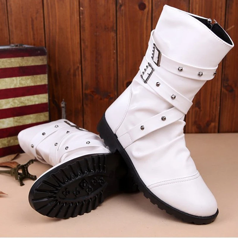 

New England Style Boots Black White Punk Motorcycle Martin Boots For Men PU Leather Zipper Buckle Strap Warm Snow Boots yu