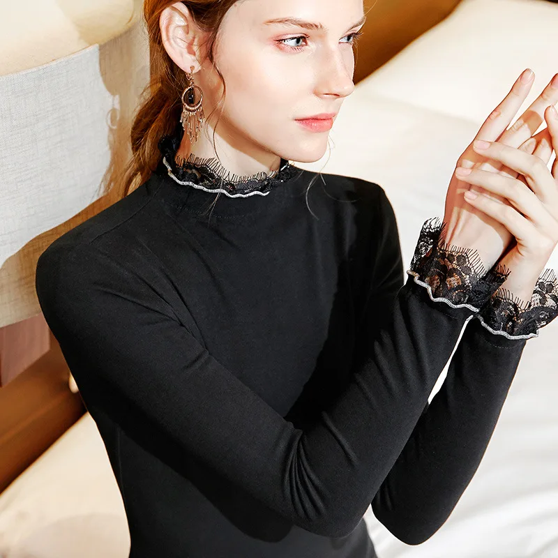 

Stitching lace edge half high collar base coat for women in autumn and winter with long sleeve T-shirt and flared sleeve tights