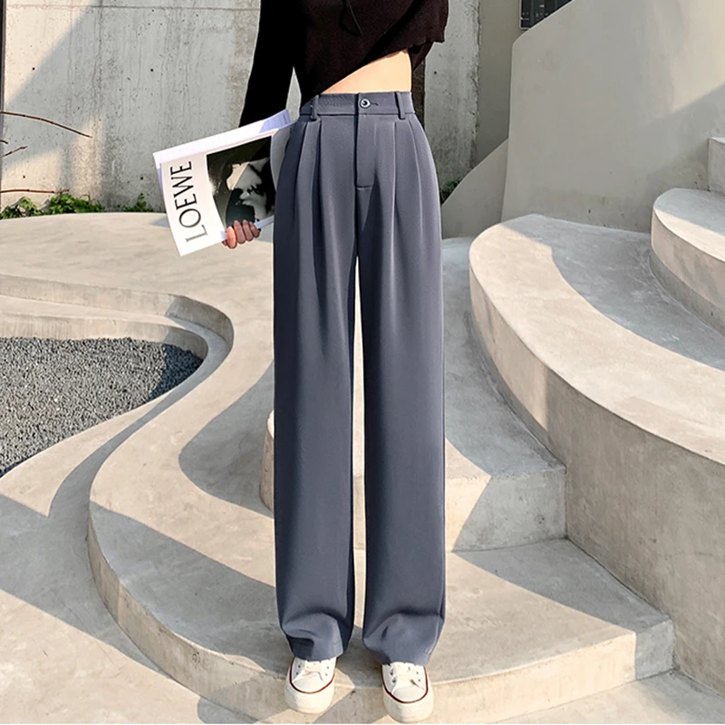 

Модные Костюмные брюки с высокой талией, женские офисные длинные брюки на молнии, свободные прямые брюки для женщин