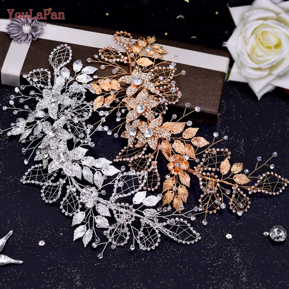 

TOPQUEEN HP282 Golden Alloy Leaf Wedding Headband Floral Bridal Headpieces Diamond Chain Bridal Crown Hair Jewelry Women Tiara