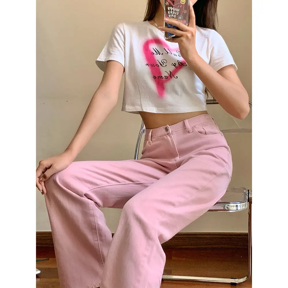 

Hot girl pink straight jeans women's summer new high waist slim loose draping hairline wide leg floor pants