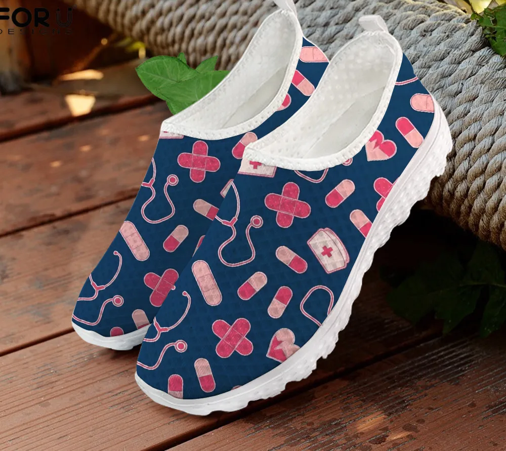 

FORUDESIGNS Women Flats Casual Lazy Shoes Cartoon Nurse Print Slip-On Fashion Breathable Mesh Spring/Summer Beach Loafers Shoes