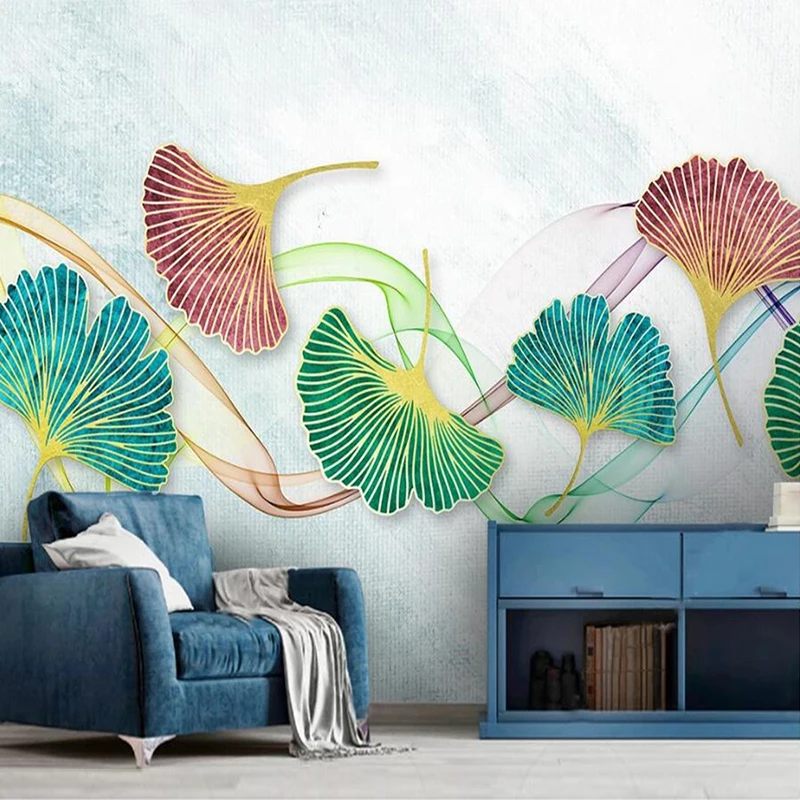 

Custom 3D Watercolor Striped Ginkgo Leaves Decoration Wall Mural Painting Waterproof Canvas Fabric Photo Wallpaper Living Room