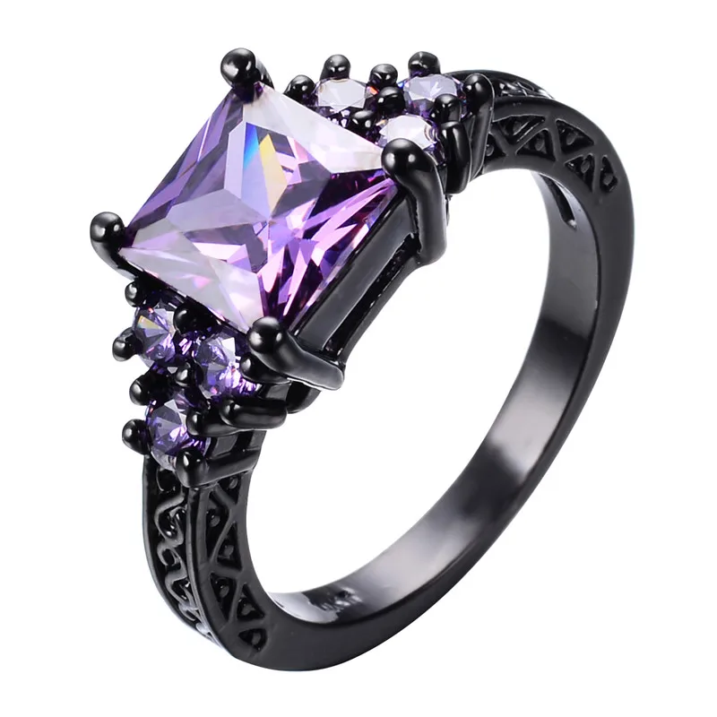 

Elegant Female Purple Stone Ring Vintage 14K Black Gold Wedding Rings For Women Promise Love Square Engagement Ring