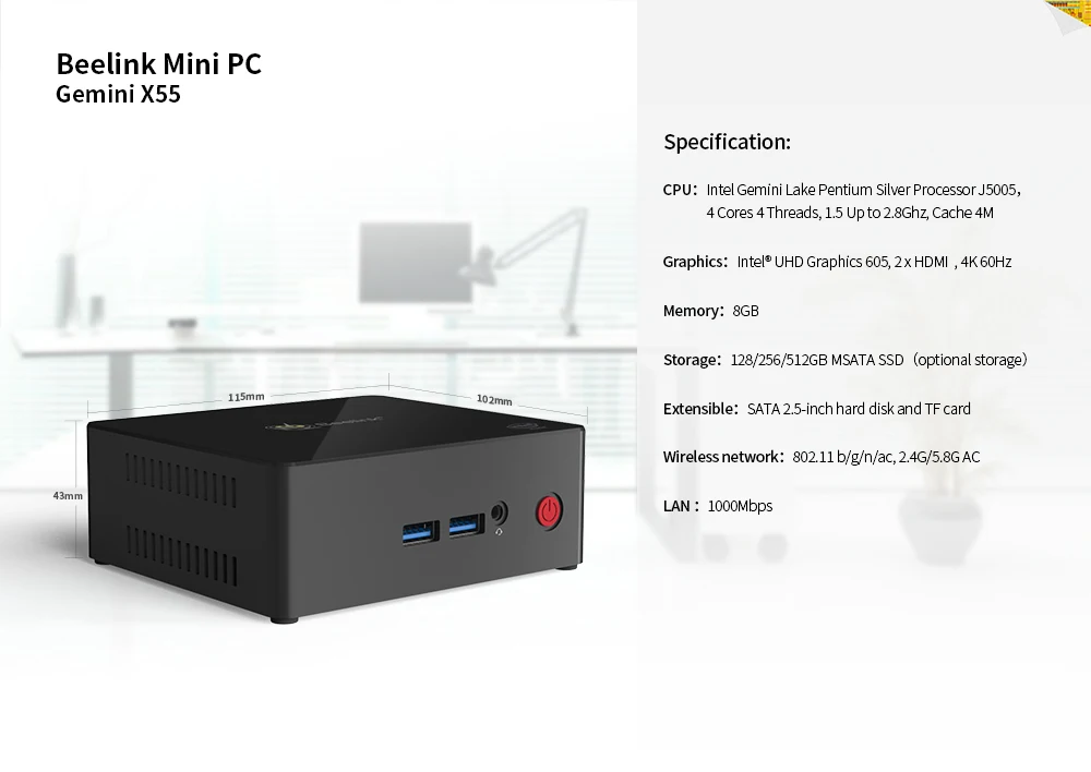 Beelink Gemini X55 Windows 10 Мини ПК компьютер 8 ГБ ОЗУ 256 ГБ SSD Intel Pentium J5005