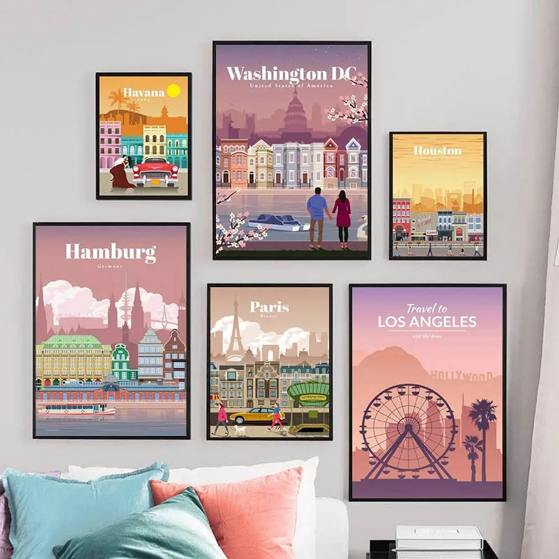 

Cartoon City Landscape Canvas Painting Sydney Paris Washington Havana Art Posters Nordic Modern Pictures Living Room for Decor