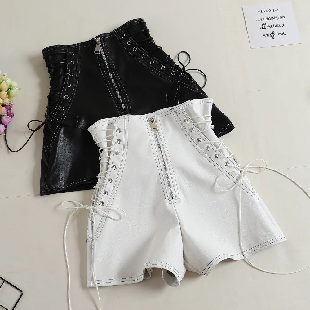 Kpop Faux Leather Shorts Europe And America Fashion New Black Wild Bandage Girls High Waist A-line PU Short | Женская одежда