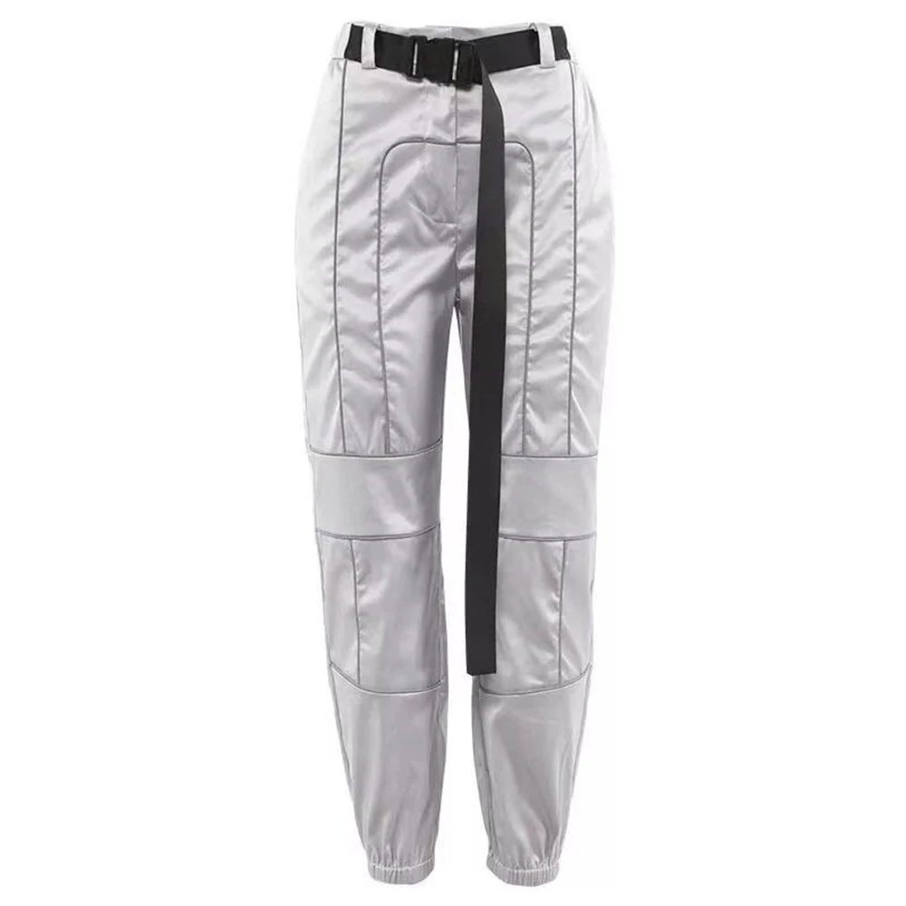 Pants 2 шт., Женский светоотражающий спортивный костюм в полоску, Тонкие Светящиеся укороченные топы, брюки-карго, брюки с высокой талией, брюки с ремнем с пряжкой, комплект из двух предметов - Цвет: Pants