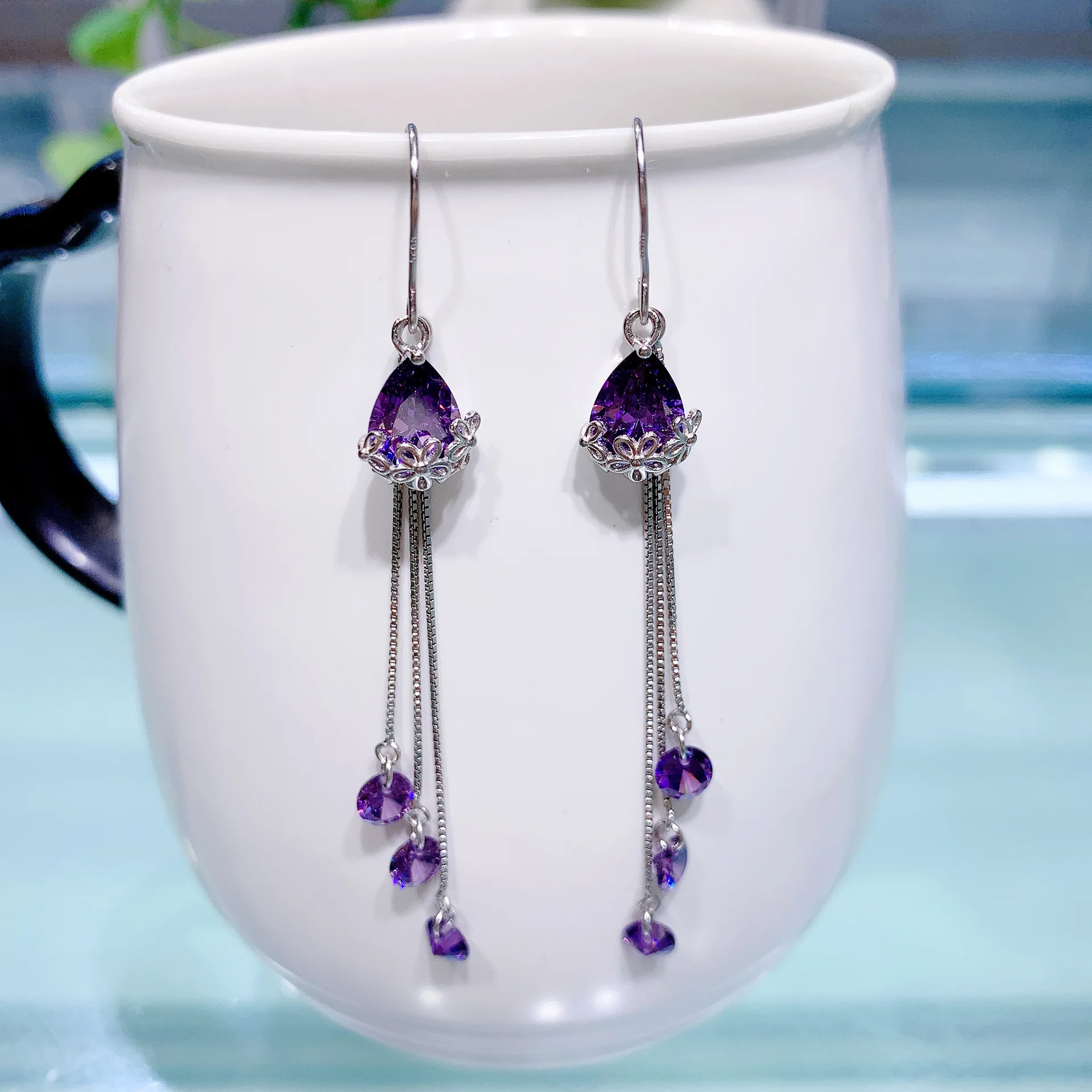 

Viwisfy Solid 925 Sterling Silver Long Purple Crystal Jewelry Wedding Drop Earrings For Woman VW21329