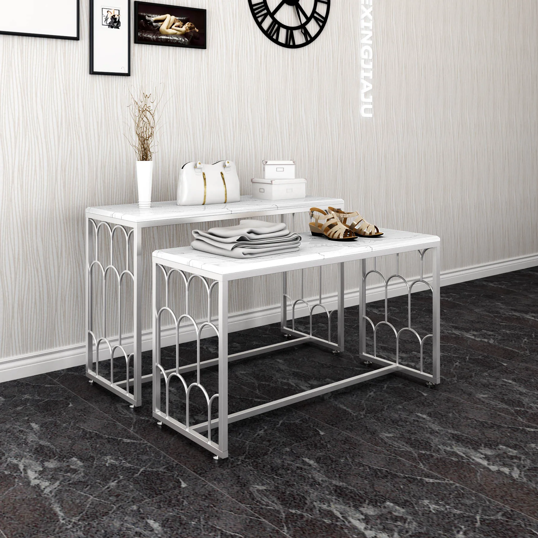 

GY Silver Clothing Store High and Low Display Stand Zhongdao Display Stand Simple Iron Solid Wood Table Shop Middle Window Table