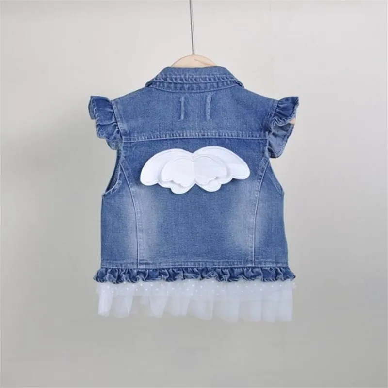 chifuna New Fashion Boutique Angel wings mesh pearl ruffle girls lapel denim Vest children Jacket Fall Autum Outerwear Coat | Детская