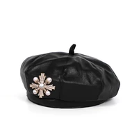 women fashion luxury beret pearl crystal cross decor pu leather french artist warm beanie hat female cap ladies all match hat