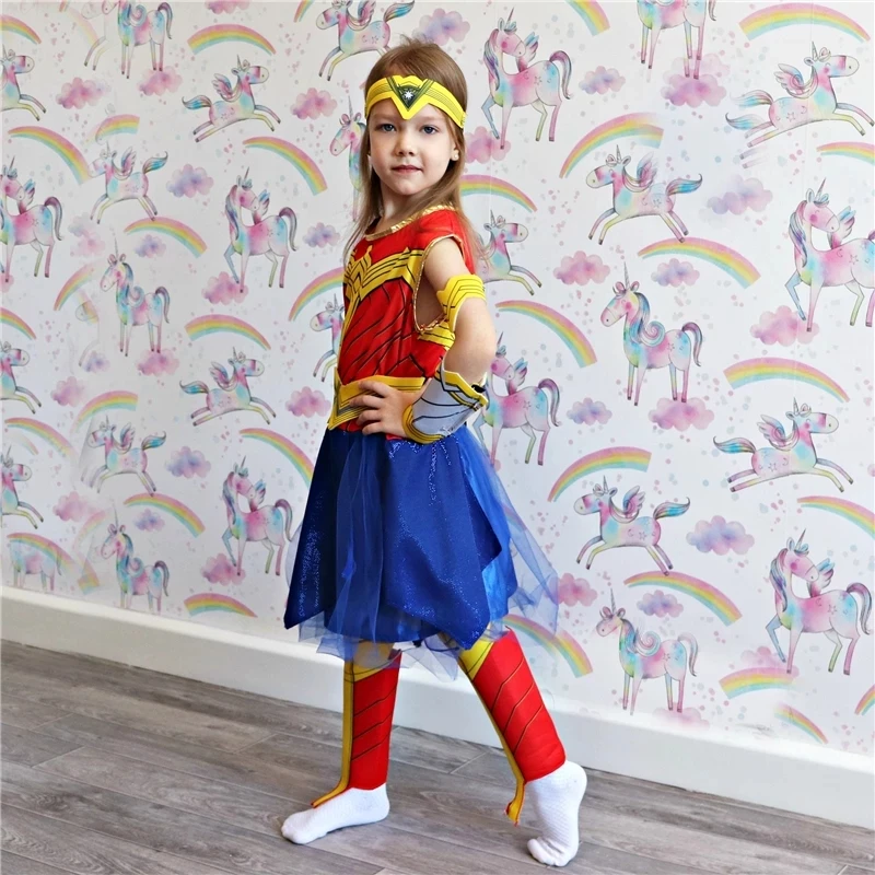 Костюм Чудо девочки детское платье супергерой косплей Хэллоуин костюм для