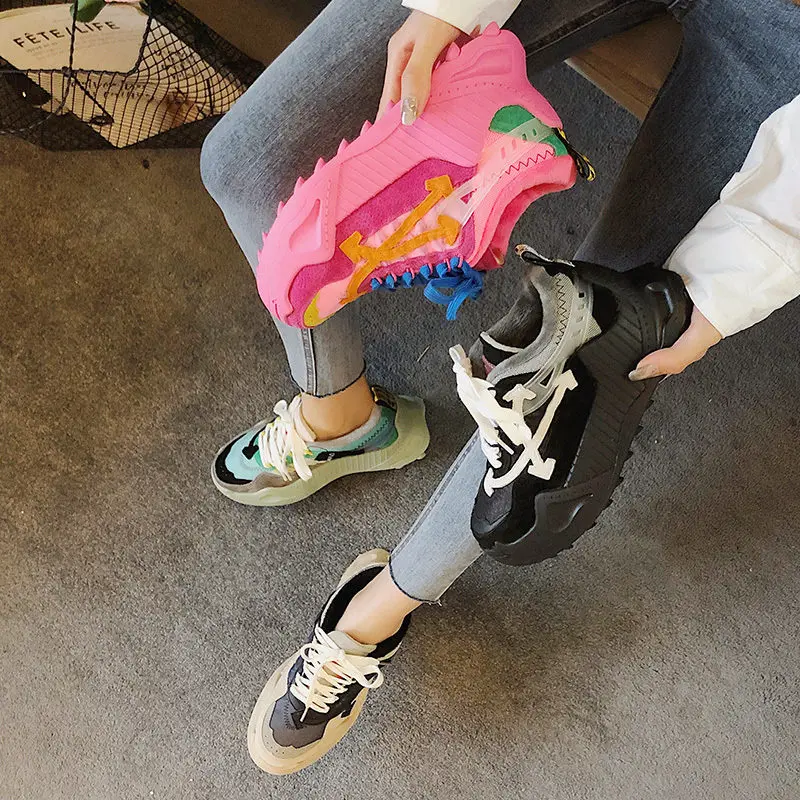 Women Color Blocking Thick bottom Fur Sneakers Ridged Sole Casual Runway Shoes Outdoor Walk Winter Plush Trainers | Обувь