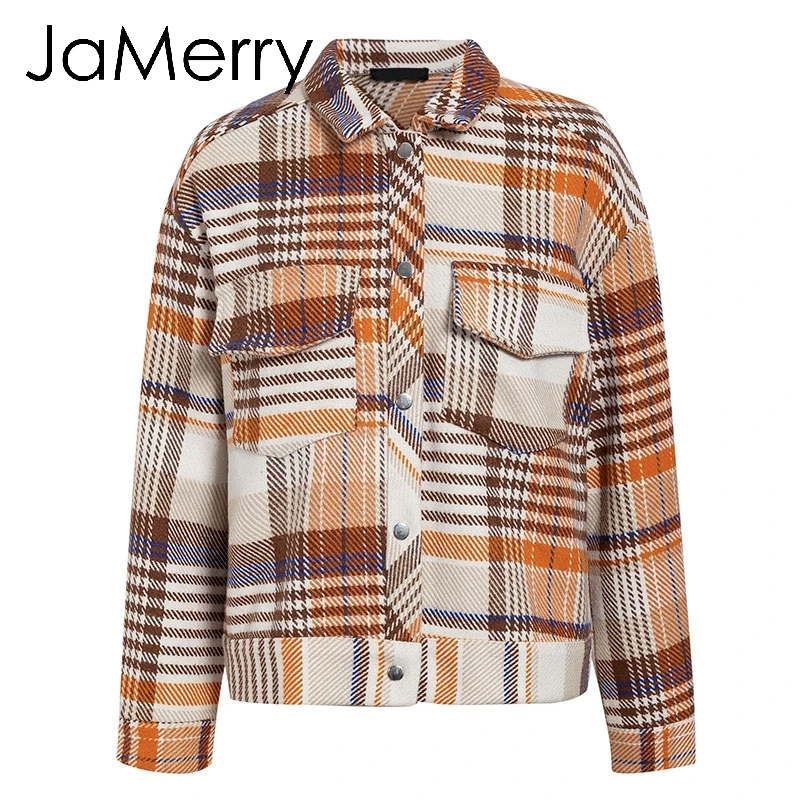 Винтажная однобортная Женская клетчатая куртка JaMerry пальто с длинным рукавом