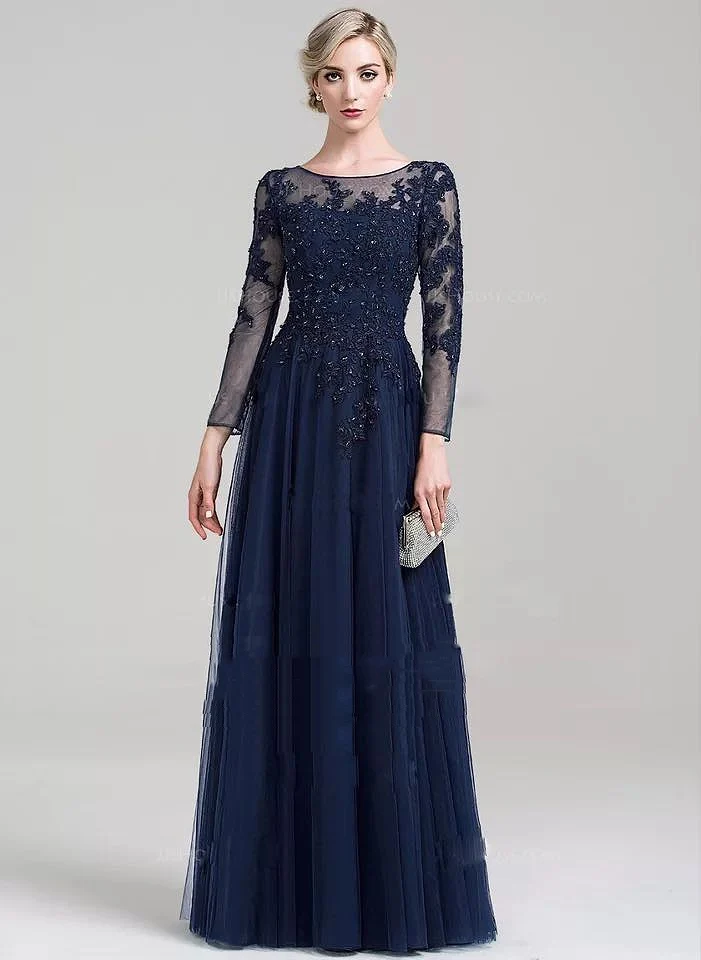 

Navy Blue Mother of the Bride Dresses A-Line Tulle Beading for Wedding Party Lace Appliques Floor Mother Evening Dress madrinha