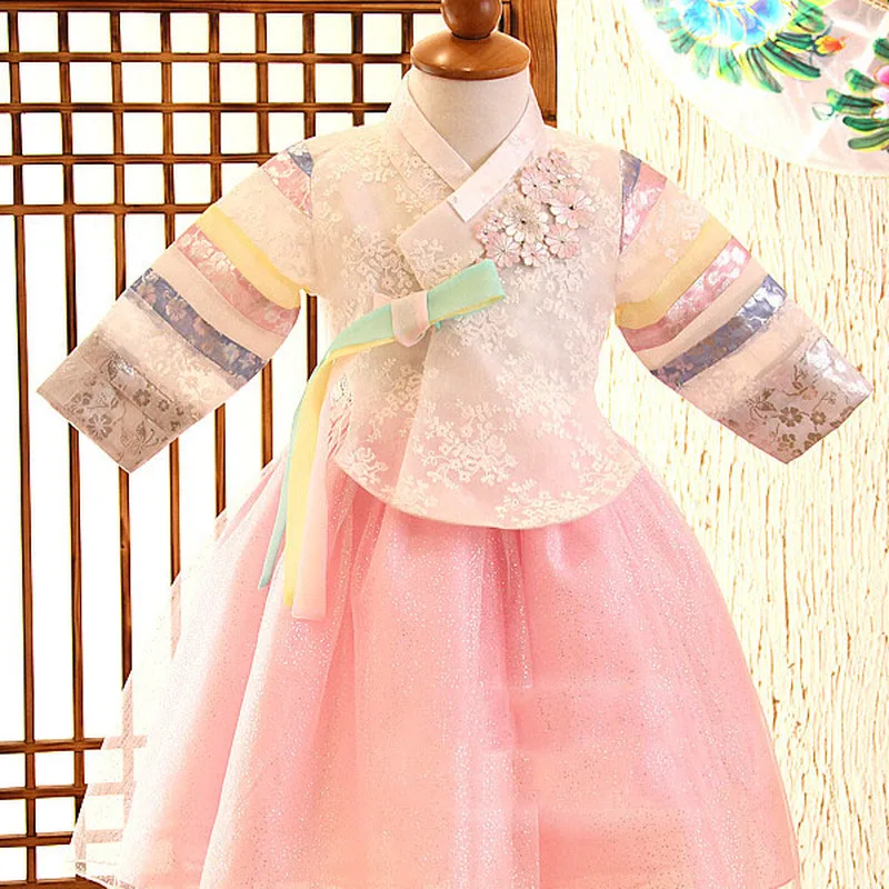 Children Korean Embroidery Dress Long Sleeve Costume Girl Hanbok Ethnic Dance Traditional Cute Cosplay Tailored + Free Shipping