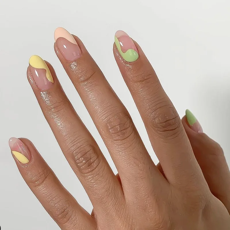 

Kawaii colorful swirl press on nails medium length oval nails JP1812-B3