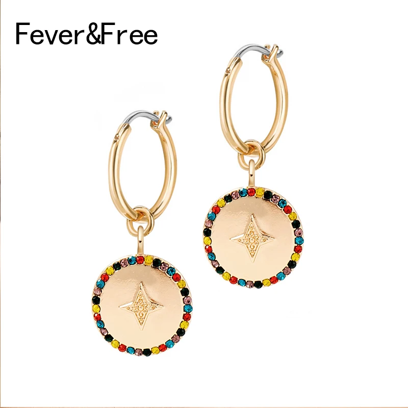 Женские круглые серьги подвески Fever & Free золотистые с разноцветными стразами
