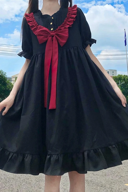Японское темное милое платье с бантом женское летнее 2020 новый стиль сказочное