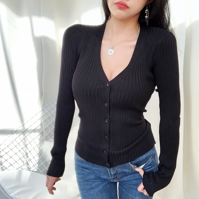 

Autumn Winter Sexy Chest Deep V Slim Sweater Woman 2019 Button Long Sleeve Knitted Cardigans Grey black shirt Women Clothes