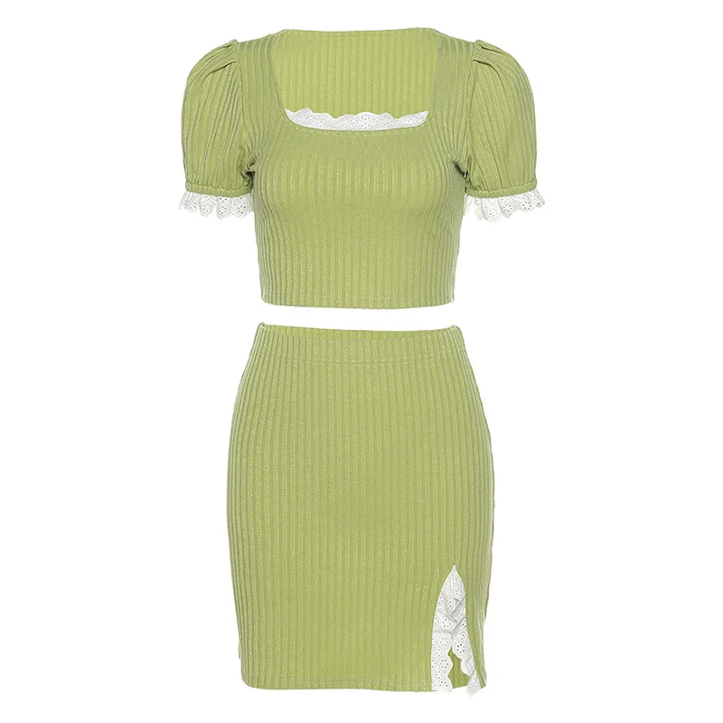 

E-girl Cute Ribbed Square Collar Puff Sleeve Lace Crop Tops Y2K Fashion Summer New Casual Korean Chic Green Pullover Outfits